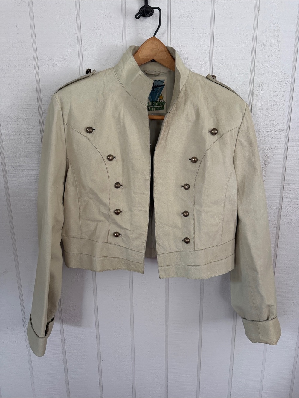 Wilsons Leather Cream Military-Style Cropped Jacket